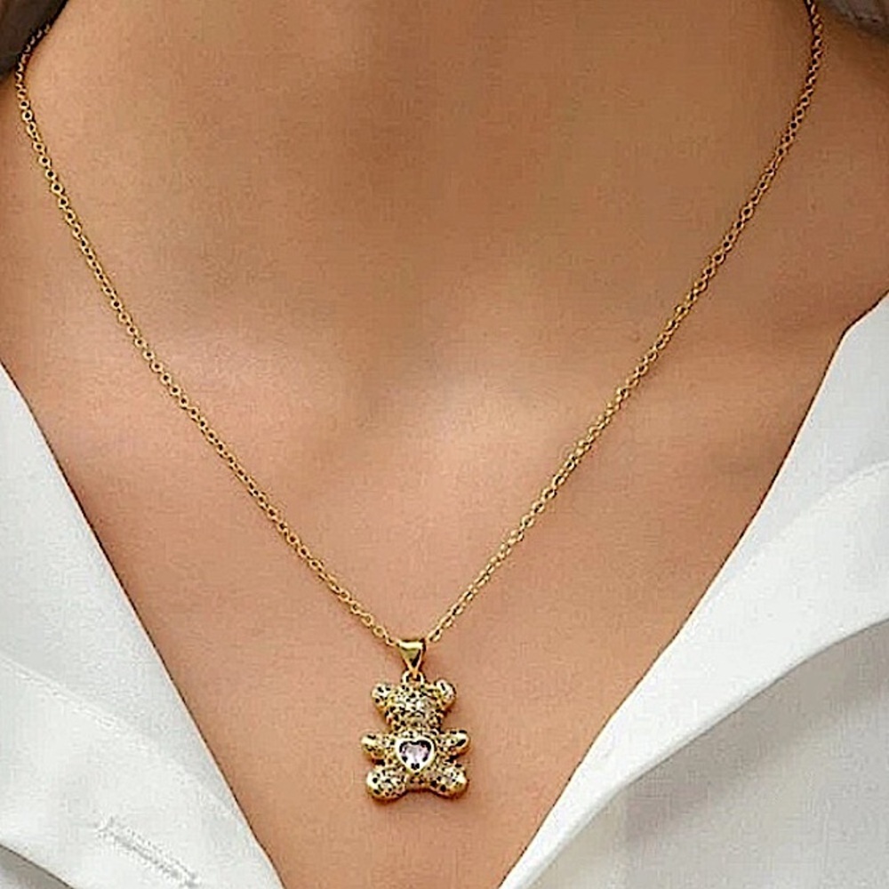Teddy Bear Gold Plated Zircon Charm Necklace